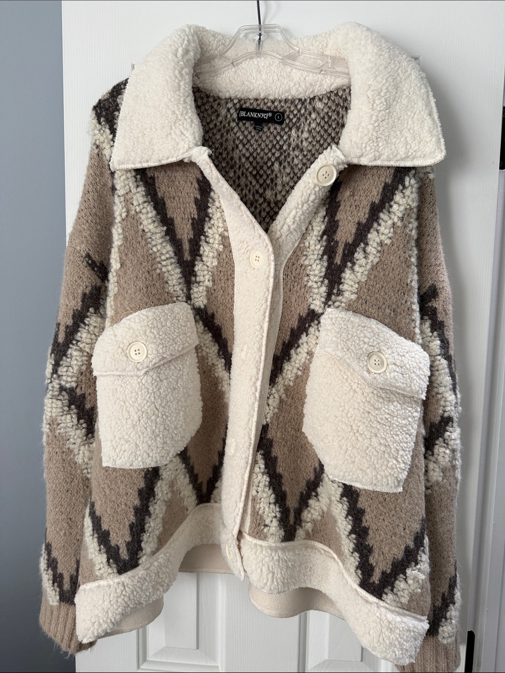 Blank NYC Shearling-Trim Aztec Jacket in Cream & Taupe